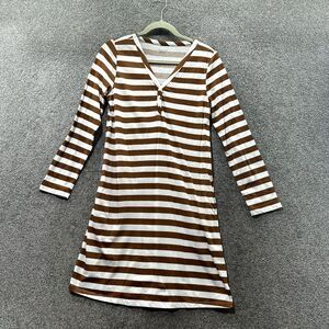 Garnet Hill Green Cotton Shirt Dress XS Brown Striped Long Sleeve V Neck‎